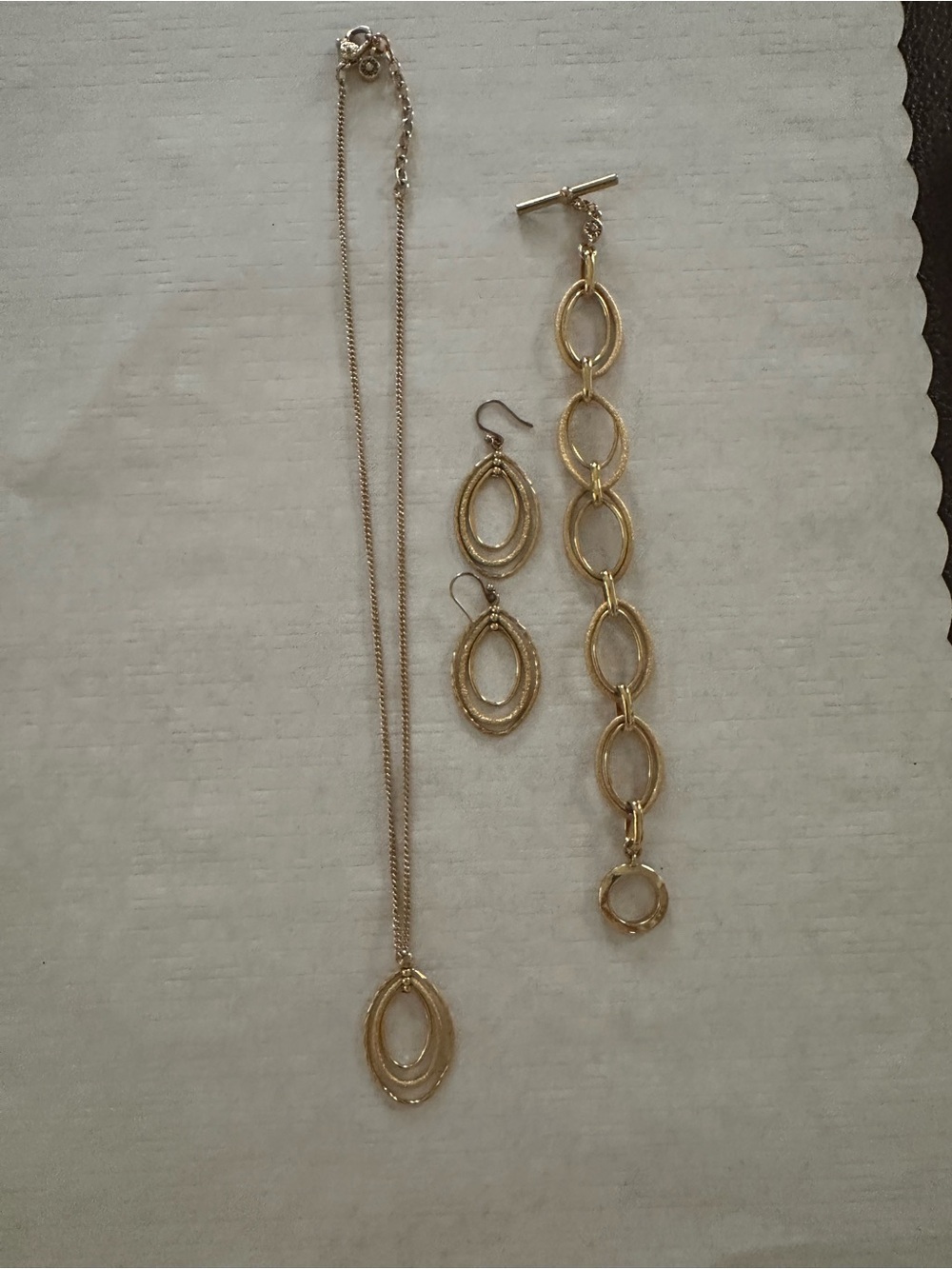 Gold Tone Oval Pendant Necklace, Earrings and Link Bracelet Set